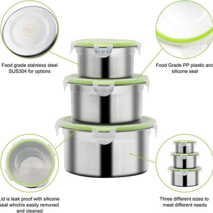 Brown 3-Piece 304 Stainless Steel Food Storage Set with Leak-Proof Lids – Round Design for Fridge and Meal Prep.
