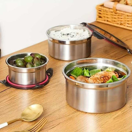 Brown 3-Piece 304 Stainless Steel Food Storage Set with Leak-Proof Lids – Round Design for Fridge and Meal Prep.