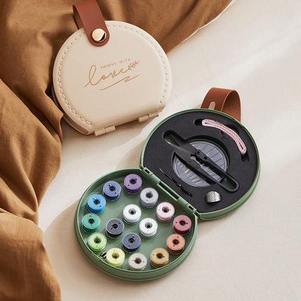 Green Portable Sewing Kit with Threads, Needles, and Tools - Compact Travel Case for Sewing Accessories.