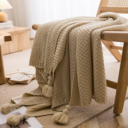 Beige 110cm x 150cm Soft Tassel Throw Blanket for Sofa or Bed, Cozy  Casual Blanket for Office Nap, Minimalist Bed End Cover.