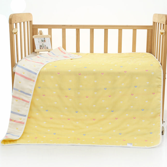 Yellow love heart, 6-Layer Muslin Baby Blanket - Soft Cotton Bedding for Infants and Toddlers, 110x110cm.