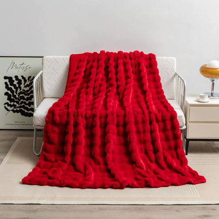 Red 130*160cm Plush Toscana Rabbit Hair Throw Blanket - Soft Flannel Fleece for All Seasons, Perfect for Couch & Bed.