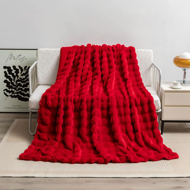 Red 130*160cm Plush Toscana Rabbit Hair Throw Blanket - Soft Flannel Fleece for All Seasons, Perfect for Couch & Bed.