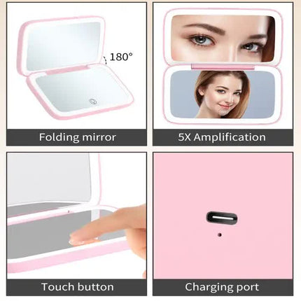 Black MR2326C Portable LED Illuminated Makeup Mirror - Foldable Lighted Vanity Mirror with 800mAh Battery.