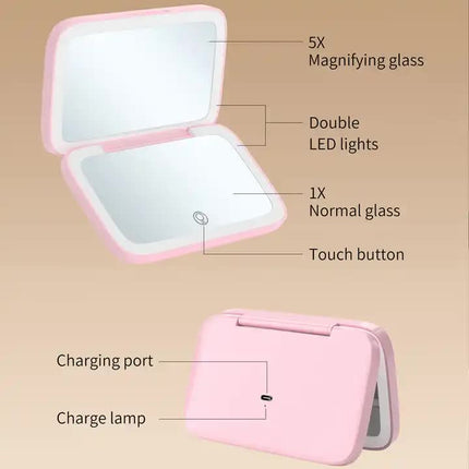 Black MR2326C Portable LED Illuminated Makeup Mirror - Foldable Lighted Vanity Mirror with 800mAh Battery.