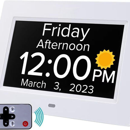 White Crystal Clear 7-Inch Digital Day Clock with Auto Dimming & Voice Assist - Perfect for Seniors.