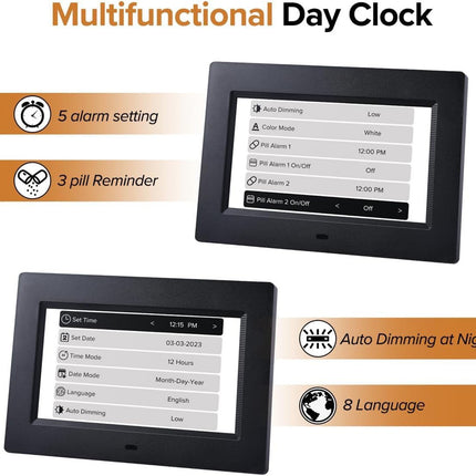 White Crystal Clear 7-Inch Digital Day Clock with Auto Dimming & Voice Assist - Perfect for Seniors.