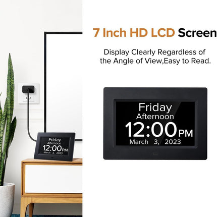 White Crystal Clear 7-Inch Digital Day Clock with Auto Dimming & Voice Assist - Perfect for Seniors.