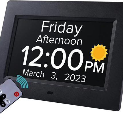 Black Crystal Clear 7-Inch Digital Day Clock with Auto Dimming & Voice Assist - Perfect for Seniors.