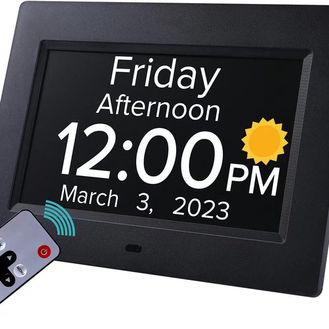 Black Crystal Clear 7-Inch Digital Day Clock with Auto Dimming & Voice Assist - Perfect for Seniors.