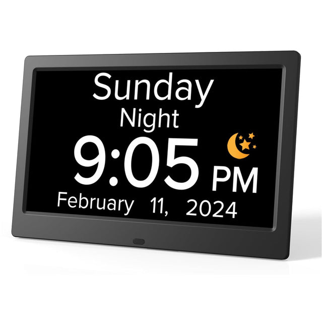 Black 10.1-Inch Digital Clock with Medication Reminders & Multi-Function Alarm - Ideal for Elderly Care.