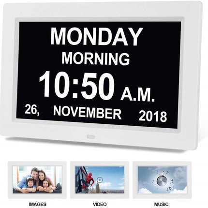 Black 10.1-Inch Digital Clock with Medication Reminders & Multi-Function Alarm - Ideal for Elderly Care.