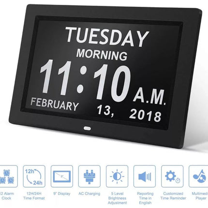 Black 10.1-Inch Digital Clock with Medication Reminders & Multi-Function Alarm - Ideal for Elderly Care.