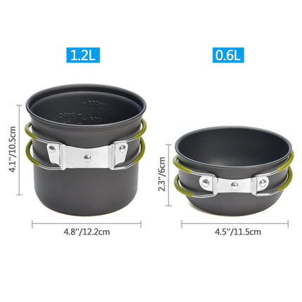 Complete Camping Cookware Set - Portable Pots, Cup, Spork, and Stove for Outdoor Adventures.