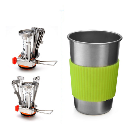 Complete Camping Cookware Set - Portable Pots, Cup, Spork, and Stove for Outdoor Adventures.