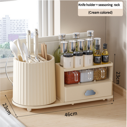 All-in-One Kitchen Countertop Organizer | Rotating Utensil Holder, Knife Block & Spice Rack with Drawer | Cream White.