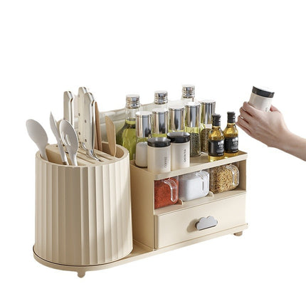 All-in-One Kitchen Countertop Organizer | Rotating Utensil Holder, Knife Block & Spice Rack with Drawer | Cream White.