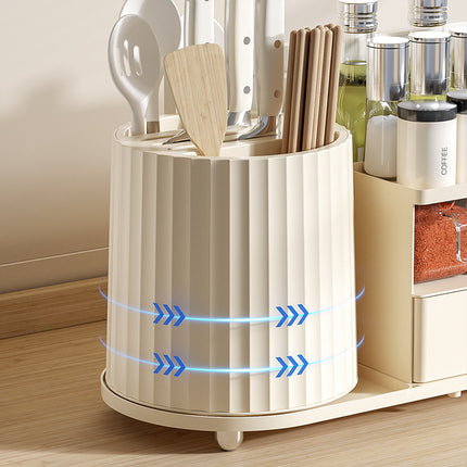 All-in-One Kitchen Countertop Organizer | Rotating Utensil Holder, Knife Block & Spice Rack with Drawer | Cream White.