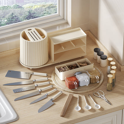 All-in-One Kitchen Countertop Organizer | Rotating Utensil Holder, Knife Block & Spice Rack with Drawer | Cream White.