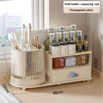 All-in-One Kitchen Countertop Organizer | Rotating Utensil Holder, Knife Block & Spice Rack with Drawer | Transparent color.