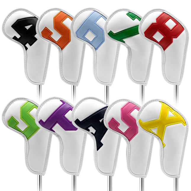 White covers with various colored numbers, Premium PU Leather Golf Iron Headcover Set (10pcs) | Numbered 4-9, P, S, A, X | Protective Club Covers for Irons.