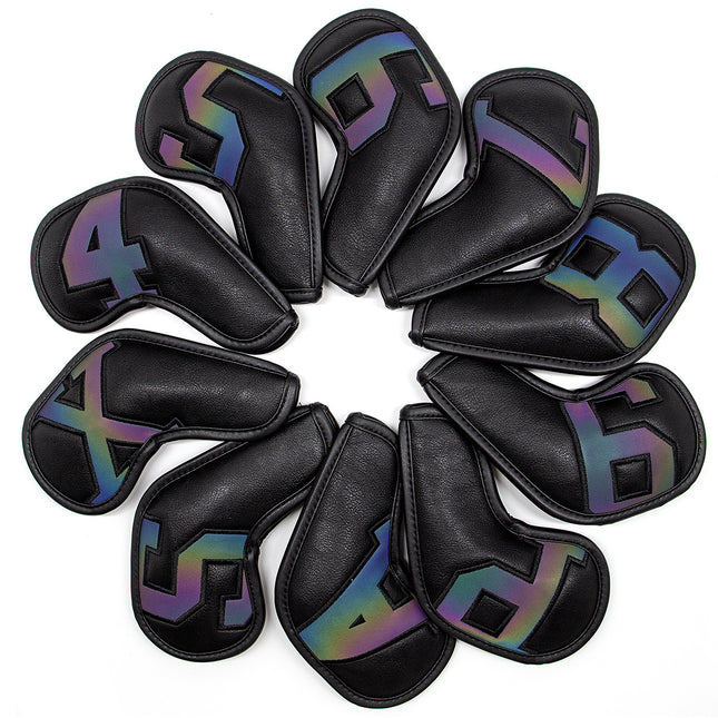 Black covers with  Laser numbers, Premium PU Leather Golf Iron Headcover Set (10pcs) | Numbered 4-9, P, S, A, X | Protective Club Covers for Irons.