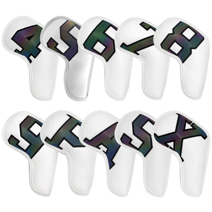 White covers with  Laser numbers, Premium PU Leather Golf Iron Headcover Set (10pcs) | Numbered 4-9, P, S, A, X | Protective Club Covers for Irons.