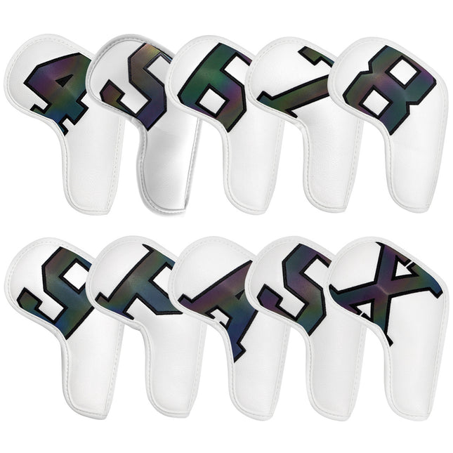 White covers with  Laser numbers, Premium PU Leather Golf Iron Headcover Set (10pcs) | Numbered 4-9, P, S, A, X | Protective Club Covers for Irons.