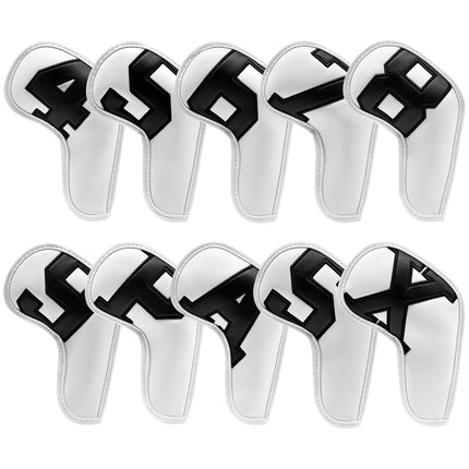 White covers with Black numbers, Premium PU Leather Golf Iron Headcover Set (10pcs) | Numbered 4-9, P, S, A, X | Protective Club Covers for Irons.