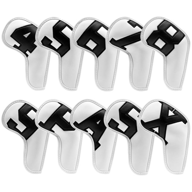 White covers with Black numbers, Premium PU Leather Golf Iron Headcover Set (10pcs) | Numbered 4-9, P, S, A, X | Protective Club Covers for Irons.