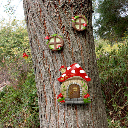 Enchanting Fairy Garden Mushroom House Set - Whimsical Tree Trunk Decor for Outdoor Gardens.