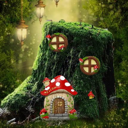 Enchanting Fairy Garden Mushroom House Set - Whimsical Tree Trunk Decor for Outdoor Gardens.