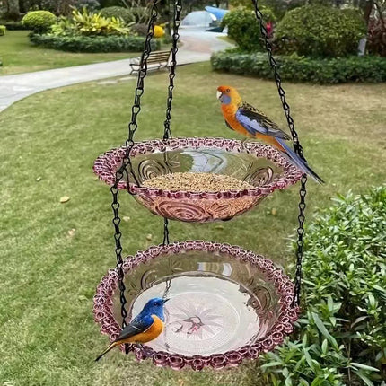 2 Set Purle Elegant Hanging Glass Bird Feeder - Double Tier for Garden Birds.