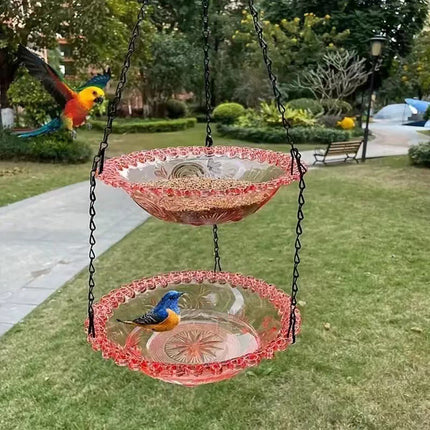 2 Set Pink Elegant Hanging Glass Bird Feeder - Double Tier for Garden Birds.