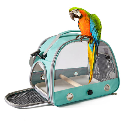 Green Portable Clear View Bird Carrier Travel Cage with Perch & Tray - Breathable Pet Bag for Parrots, Cockatiels & Small Animals.