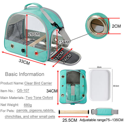 Green Portable Clear View Bird Carrier Travel Cage with Perch & Tray - Breathable Pet Bag for Parrots, Cockatiels & Small Animals.