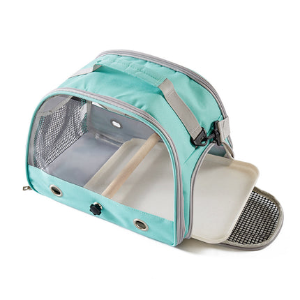 Green Portable Clear View Bird Carrier Travel Cage with Perch & Tray - Breathable Pet Bag for Parrots, Cockatiels & Small Animals.