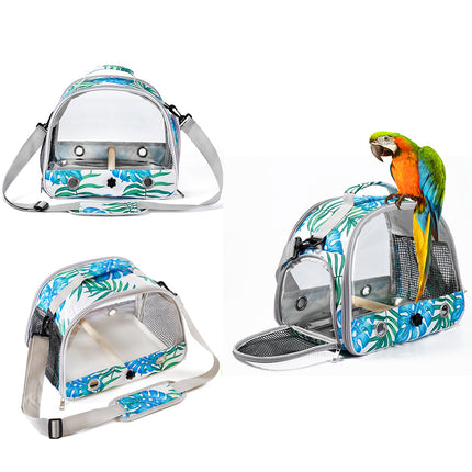 Stylish Leaf Print Clear View Bird Carrier - Portable Travel Cage with Perch & Tray for Parrots, Cockatiels & Small Pets.