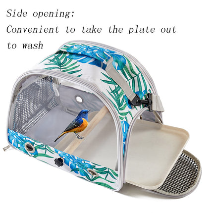 Stylish Leaf Print Clear View Bird Carrier - Portable Travel Cage with Perch & Tray for Parrots, Cockatiels & Small Pets.