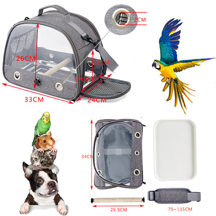 Stylish Leaf Print Clear View Bird Carrier - Portable Travel Cage with Perch & Tray for Parrots, Cockatiels & Small Pets.