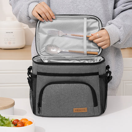 Grey Insulated Lunch Bag Cooler Tote - 9L Leakproof Thermal Lunch Box with Shoulder Strap & Pockets for Work, Picnic, Travel.