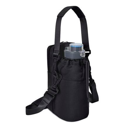 Black Stylish Water Bottle Carrier Bag with Phone Pocket, Key Clip & Adjustable Strap - Crossbody Sling Holder.
