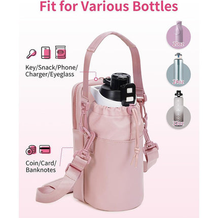 Black Stylish Water Bottle Carrier Bag with Phone Pocket, Key Clip & Adjustable Strap - Crossbody Sling Holder.