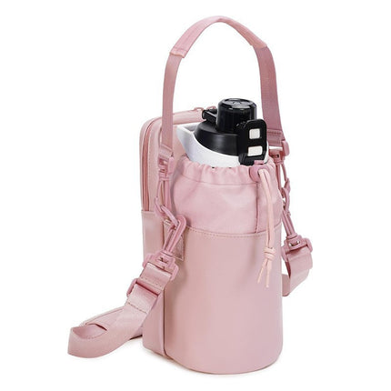 Pink Stylish Water Bottle Carrier Bag with Phone Pocket, Key Clip & Adjustable Strap - Crossbody Sling Holder.
