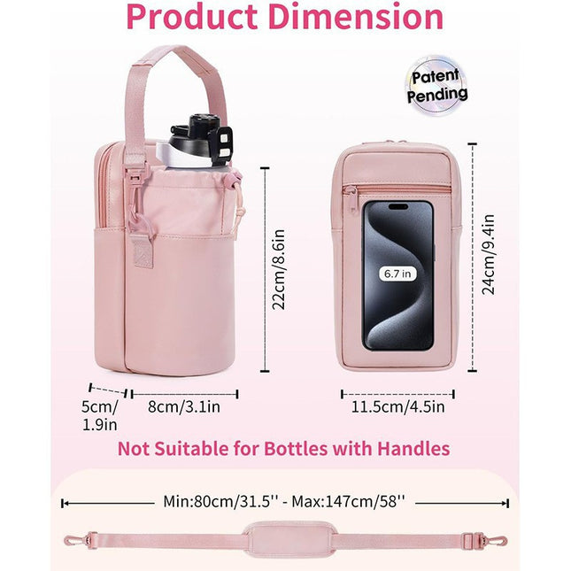 Pink Stylish Water Bottle Carrier Bag with Phone Pocket, Key Clip & Adjustable Strap - Crossbody Sling Holder.
