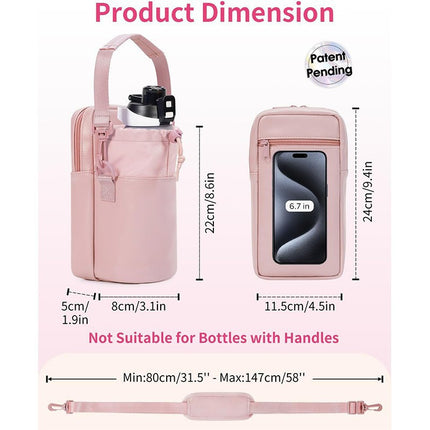 Beige Stylish Water Bottle Carrier Bag with Phone Pocket, Key Clip & Adjustable Strap - Crossbody Sling Holder.