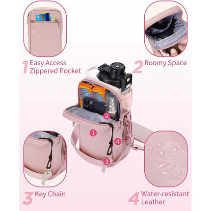 Beige Stylish Water Bottle Carrier Bag with Phone Pocket, Key Clip & Adjustable Strap - Crossbody Sling Holder.
