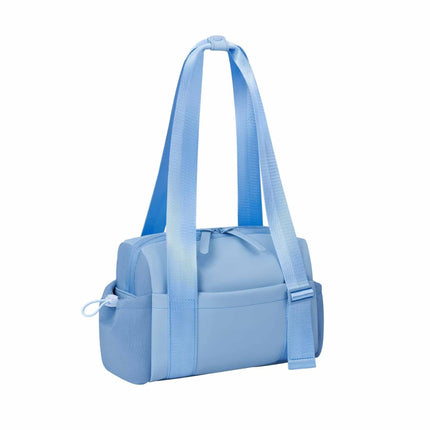 Stylish Blue Mini Gym Bag & Travel Tote - Compact Duffel with Wet Pocket, Luggage Sleeve & Multiple Compartments.