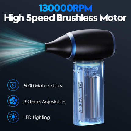 Black Portable Turbo Handheld Blower Fan - 130000RPM High-Speed Mini Fan with 5000mAh Battery.
