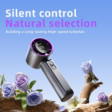 White Portable Handheld Fan with 120-Speed Display - USB Rechargeable Mini Cooling Fan for Outdoor Use.